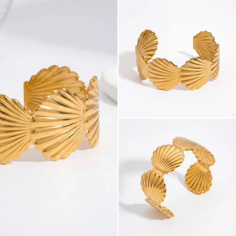 Collage of wide gold scallop cuff bracelet angles showing open back design.