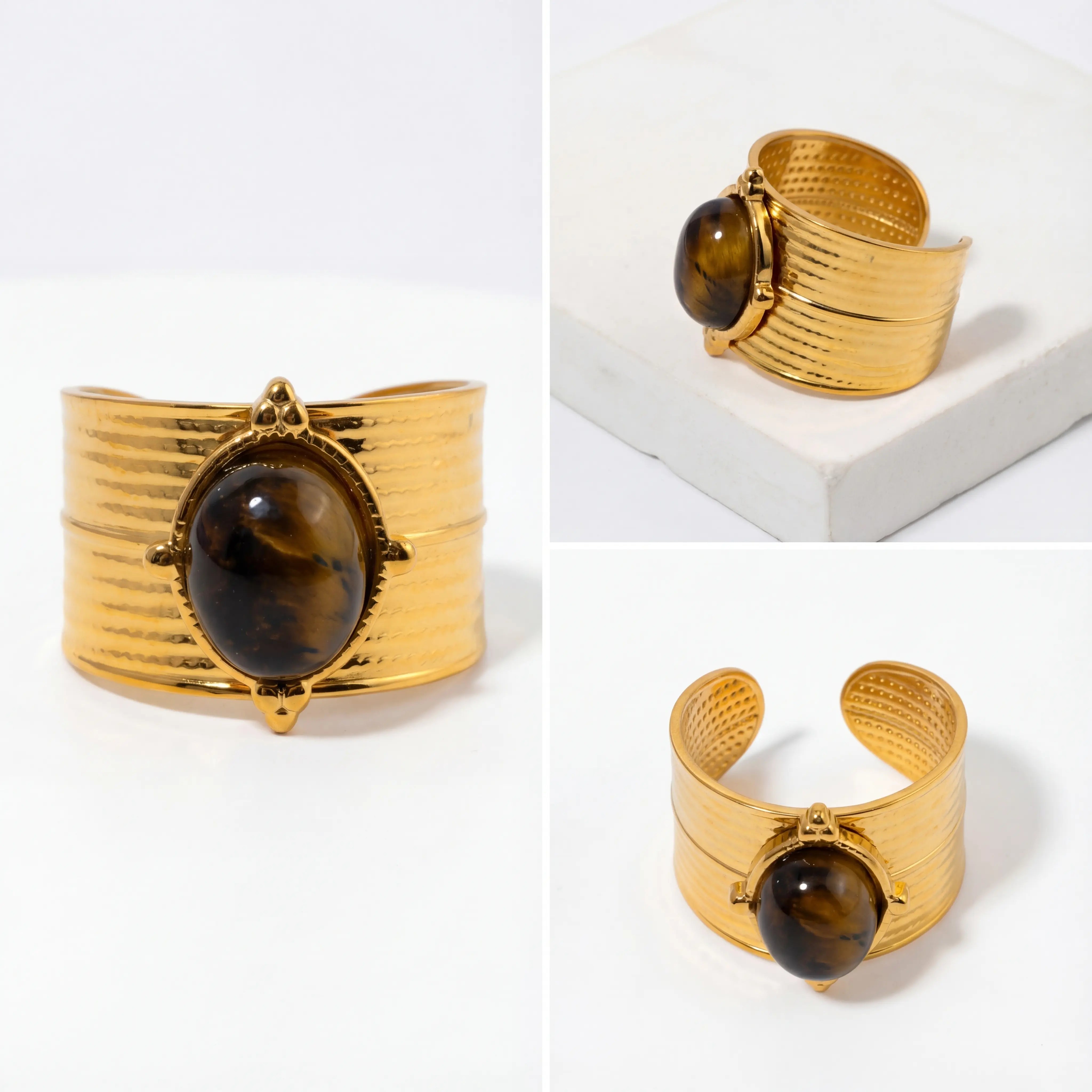 Product photography collage showing adjustable open back design of wide gold tiger's eye ring.