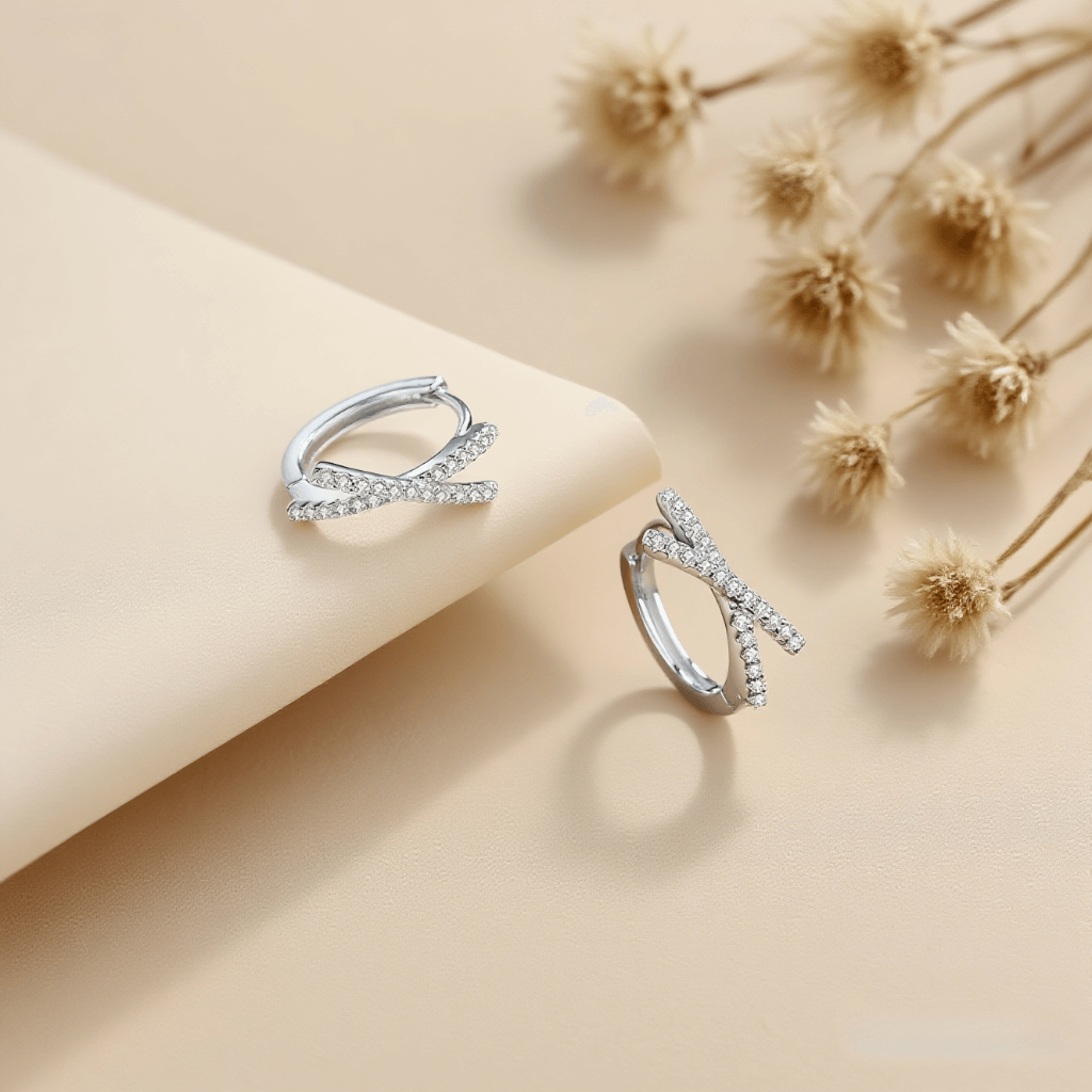 Stellar Cross Moissanite Earrings — radiant moissanite cross studs on neutral background, spiritual and elegant.