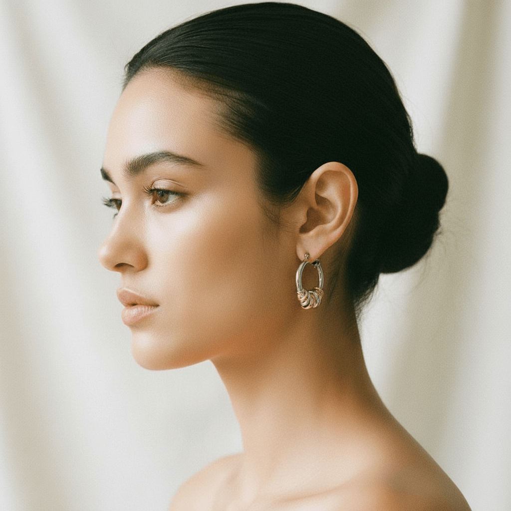 Model wearing the two-tone Siena Hoops to show their medium size and how they perfectly complement a modern, stylish look.