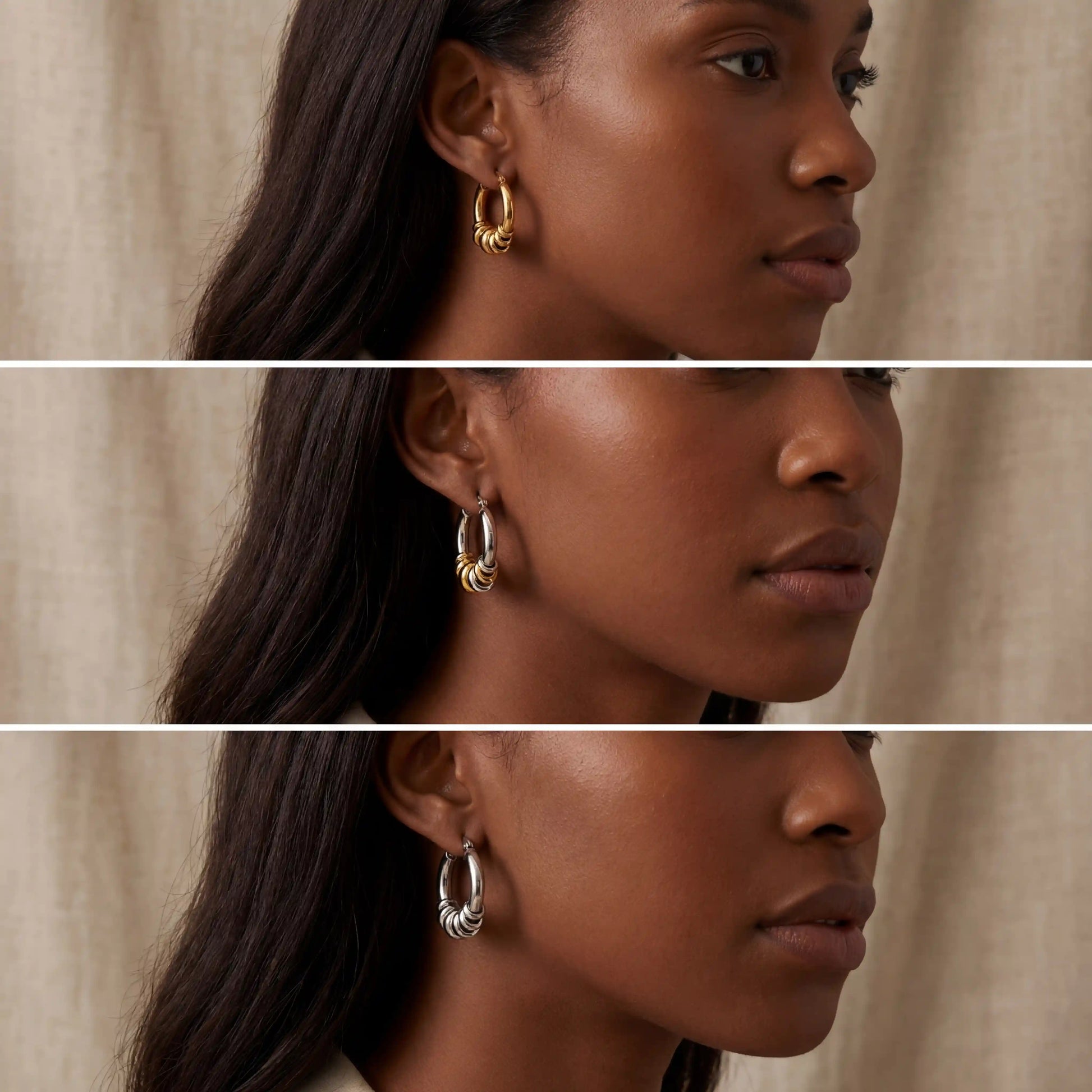 Model with dark skin wearing silver and gold chunky stacked earrings everyday look.