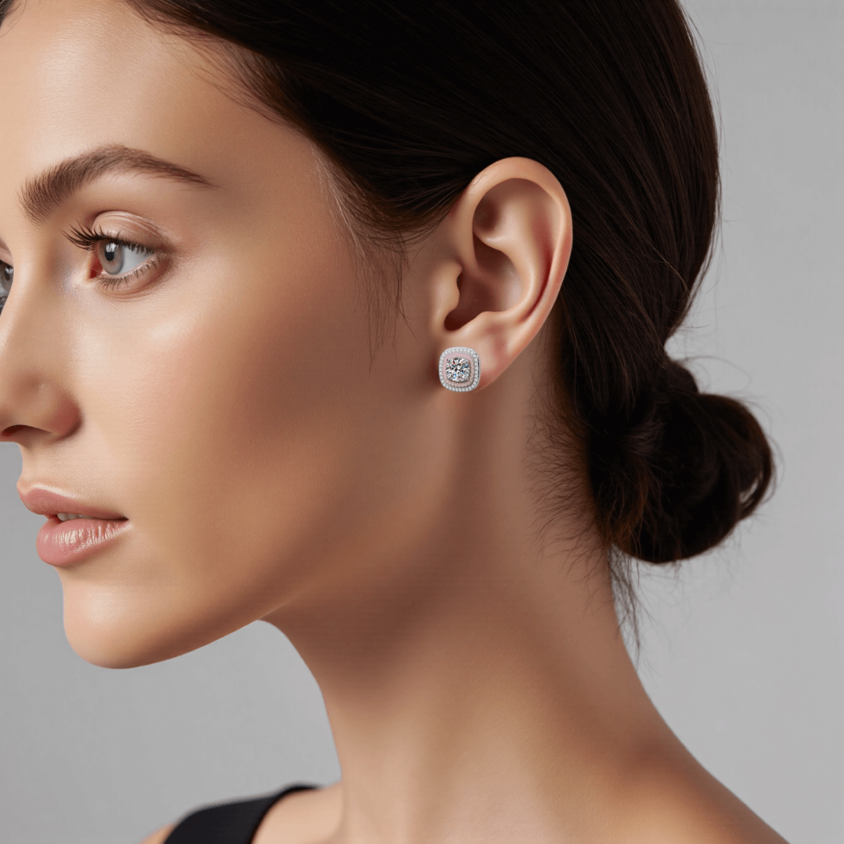 Tranquil Glow Moissanite Earrings — pearlescent pearl-style studs with moissanite center, soft and serene gift.