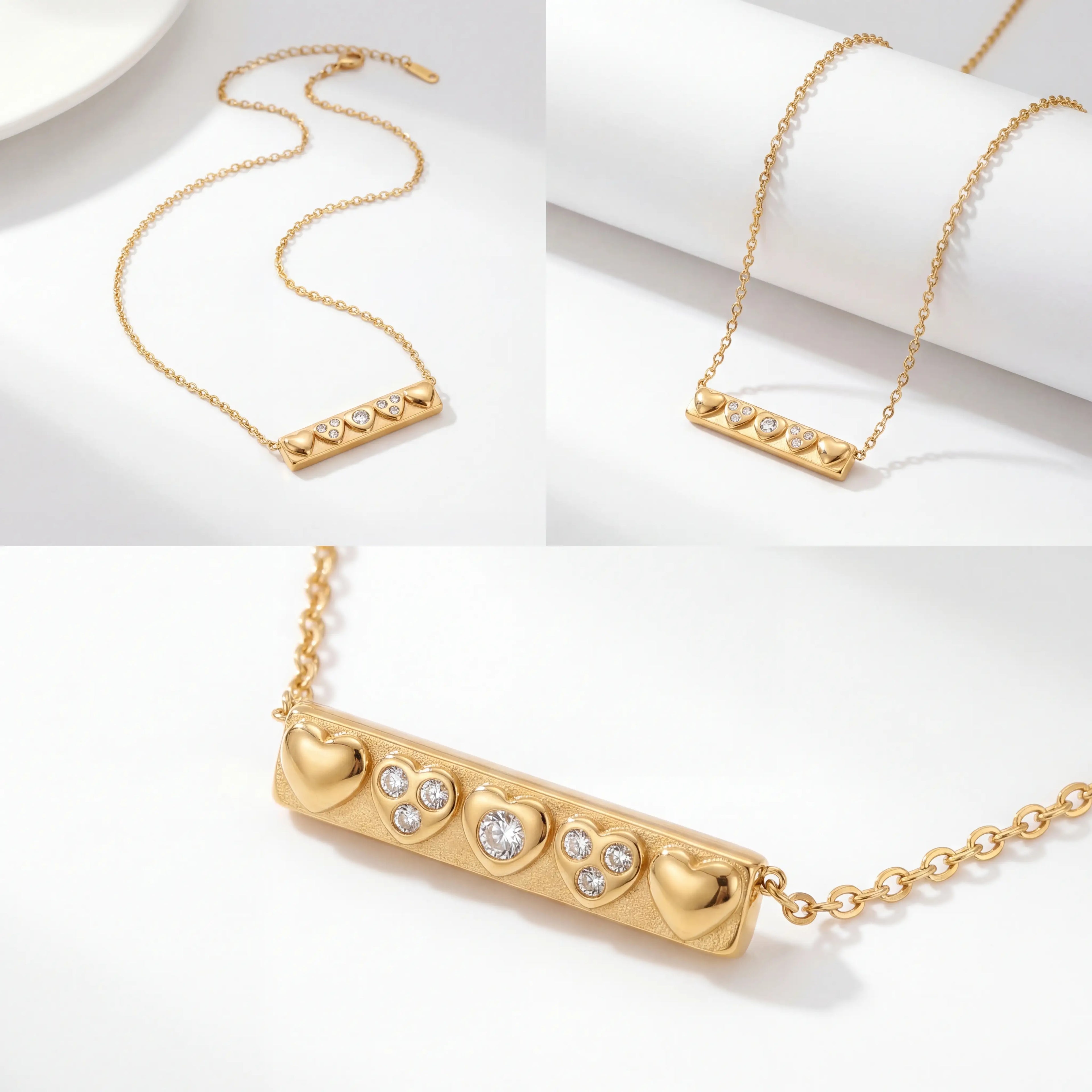 Aesthetic product photography of gold bar necklace details on white background.