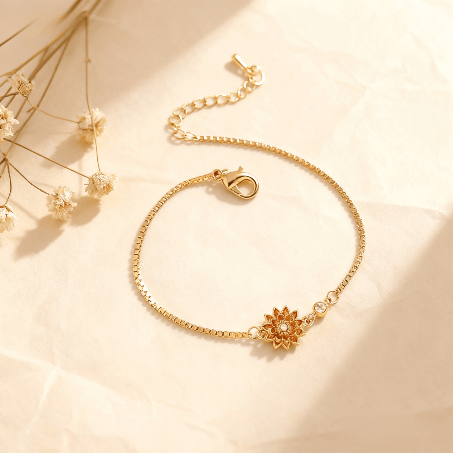 Birth Flower Bracelet | Dainty Gold Box Chain with Birthstone