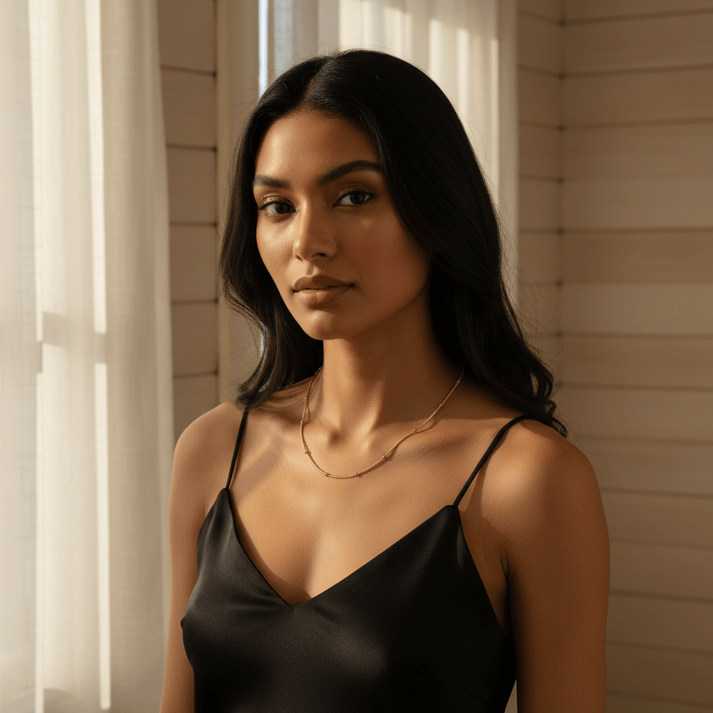 Woman wearing the Dotted Bead Chain Necklace alone as a minimalist choker with a black top.