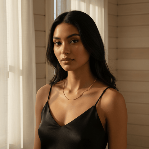 Woman wearing the Dotted Bead Chain Necklace alone as a minimalist choker with a black top.