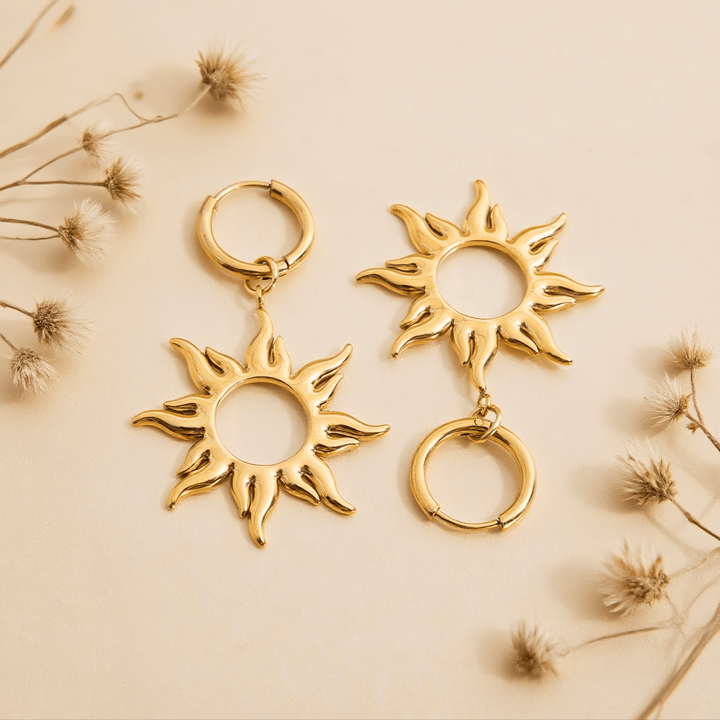Radiant Sun Charm Earrings | Gold Boho Sunburst Jewelry