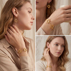 Lifestyle photography collage of blonde woman wearing celestial sun jewelry earrings and bracelet.