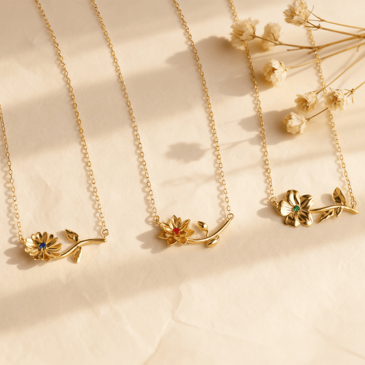 Birthstone Flower Necklace - Personalized Birth Month Floral Pendant