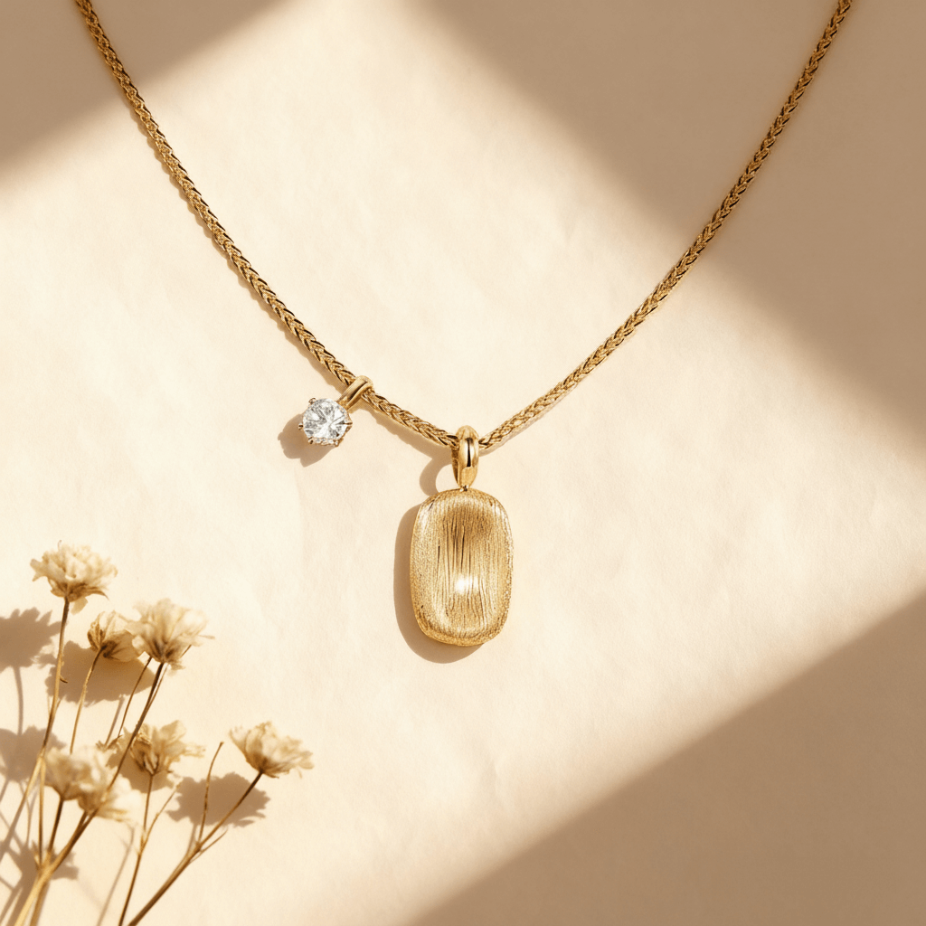 The Signature Necklace, featuring a rectangular brushed gold tag pendant and a small, asymmetrical CZ crystal charm on a delicate gold chain, displayed on a clean white background.