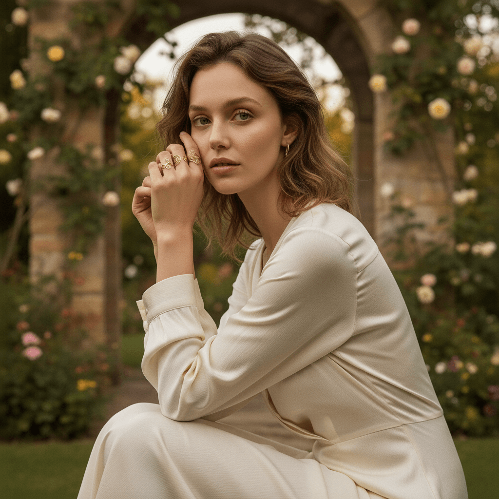 A model wearing the Liquid Gold Ring rests her hand on her chin thoughtfully while observing a painting. The shot connects the ring's artistic design to a creative and sophisticated environment.