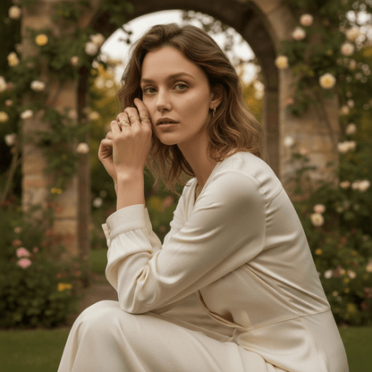 A model wearing the Liquid Gold Ring rests her hand on her chin thoughtfully while observing a painting. The shot connects the ring's artistic design to a creative and sophisticated environment.