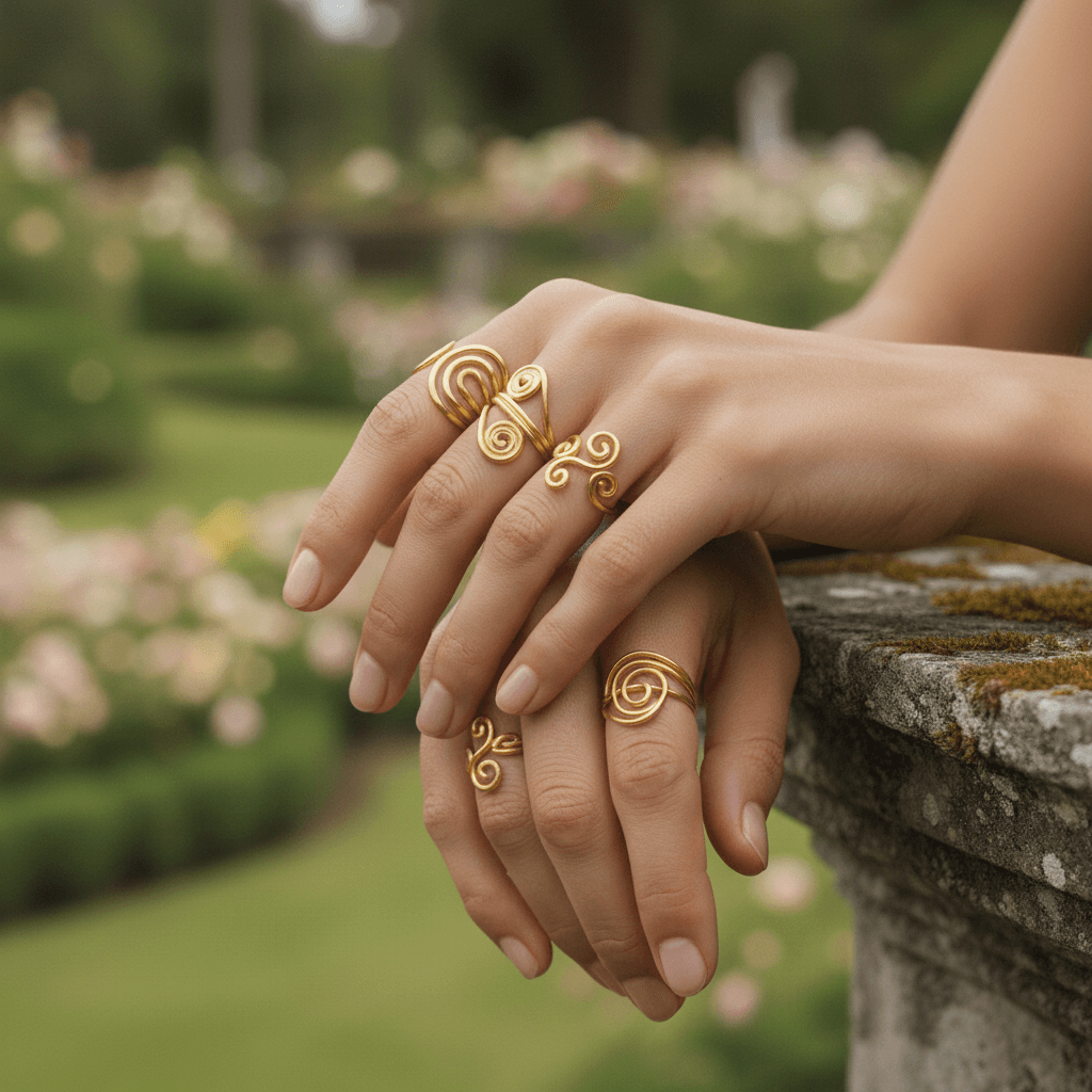A model's hand showing a curated ring stack. The wide, abstract Liquid Gold Ring is worn on the middle finger, balanced by several delicate, thin gold rings on the adjacent fingers, demonstrating a chic styling option.