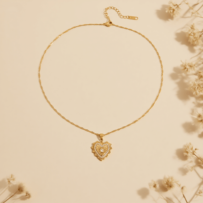 Vintage Heart Medallion Necklace — heart shaped pendant on twisted gold chain, romantic vintage style gift.