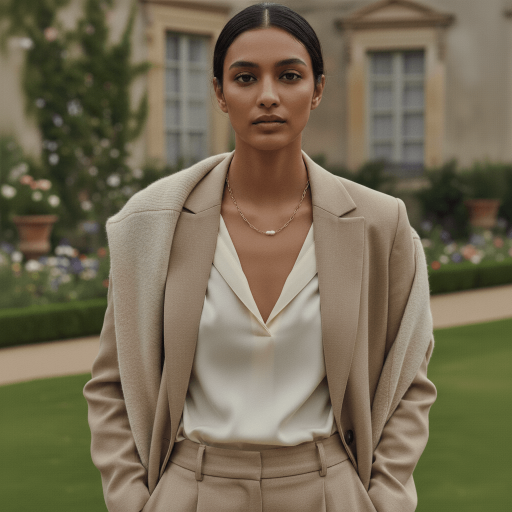 A confident model in a chic beige blazer wears The Aphrodite Necklace, embodying modern power and timeless elegance.