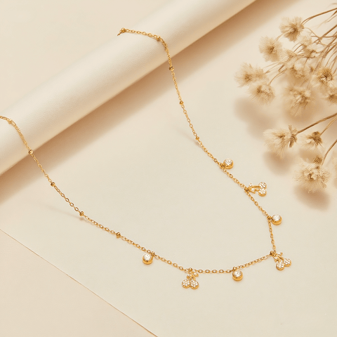 Golden Dew Necklace — 18K gold plated dew-drop style pendant on 40 cm chain with extender, romantic everyday accessory.