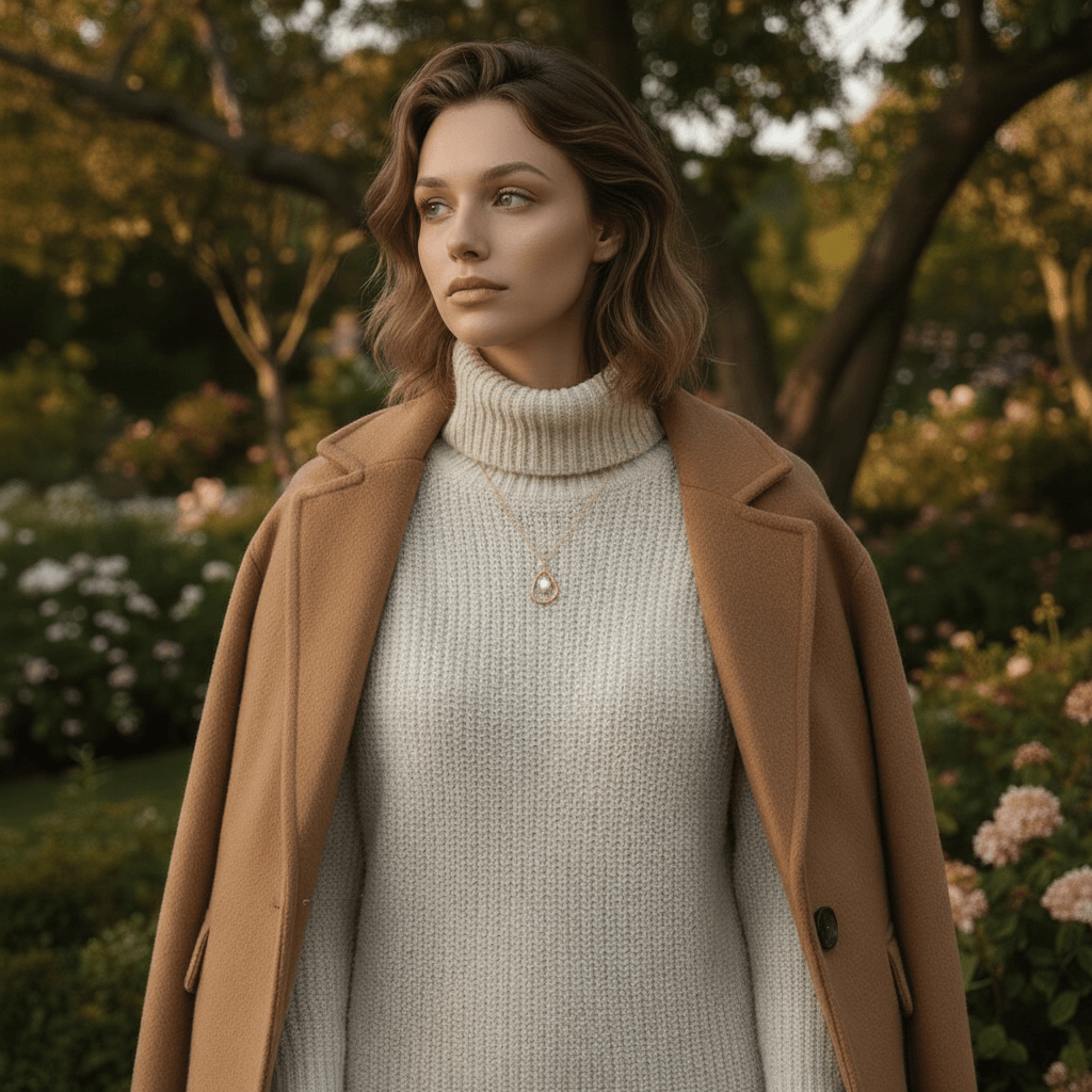 A model with a sleek bun, dewy skin, and a simple white tank top, featuring The Luna Pearl necklace. The shot perfectly captures the "clean girl" aesthetic of minimalist, effortless, everyday elegance.