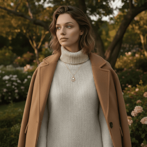 A model with a sleek bun, dewy skin, and a simple white tank top, featuring The Luna Pearl necklace. The shot perfectly captures the "clean girl" aesthetic of minimalist, effortless, everyday elegance.