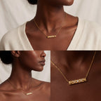 Lifestyle photography collage of woman styling dainty gold heartline bar necklace minimalist look.