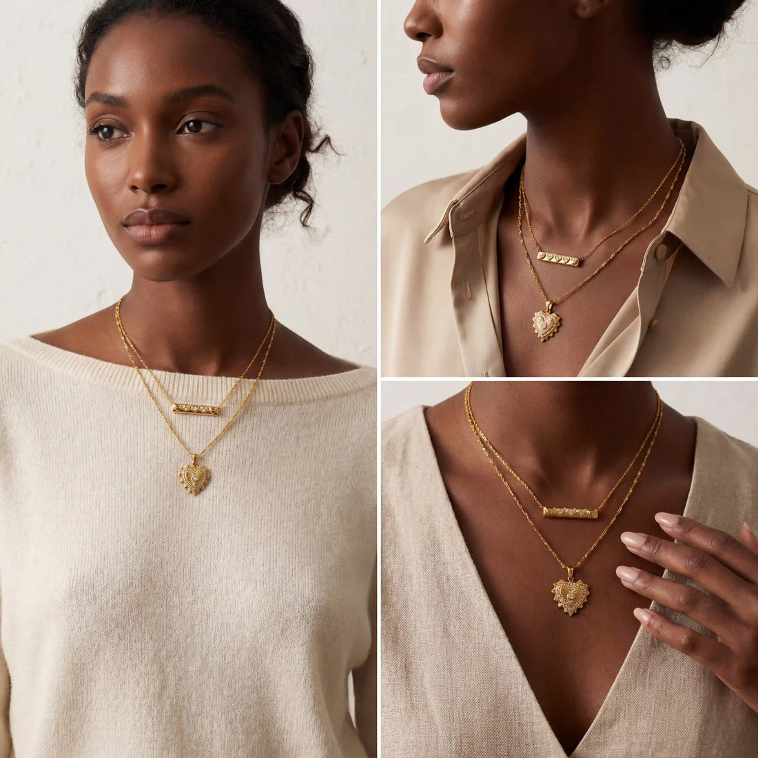 Layering gold necklaces inspiration heart medallion and bar chain on dark skin model.