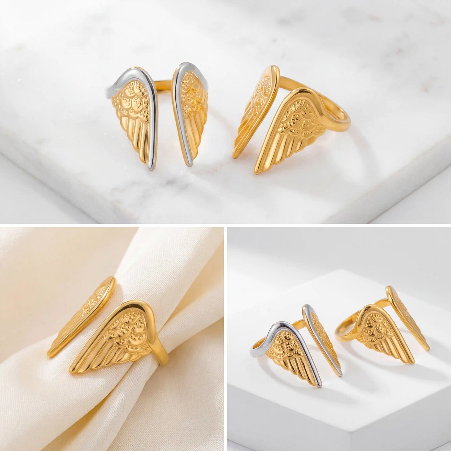 Aesthetic product photography of gold and mixed metal wing rings on white silk background.