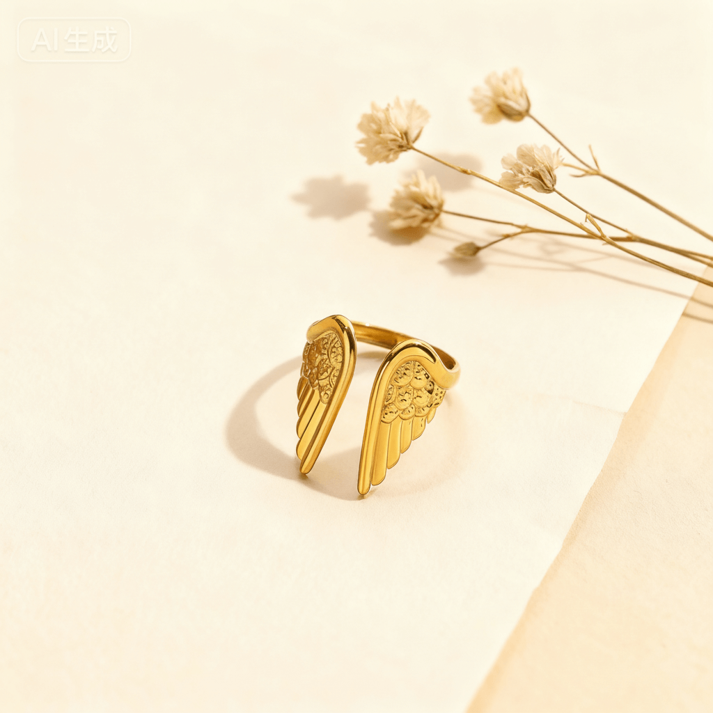 The all-gold version of the Seraphina guardian angel ring, showing the intricate, textured feather details across the entire wing surface.