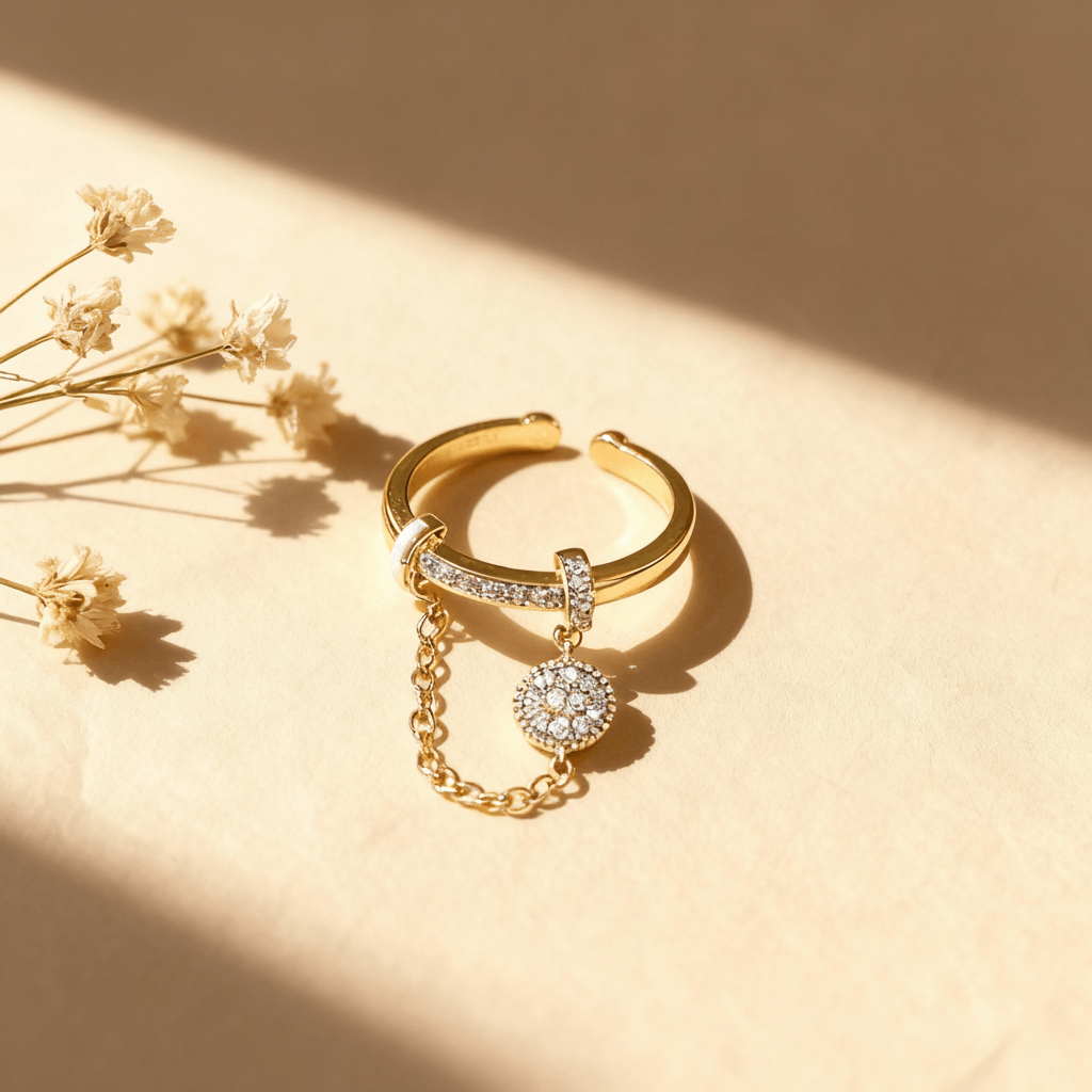The Comet Ring in sharp focus, set against a beautifully blurred background of sparkling city lights at night. This artistic shot enhances the "comet" theme, making the ring look like a celestial object streaking through the darkness.