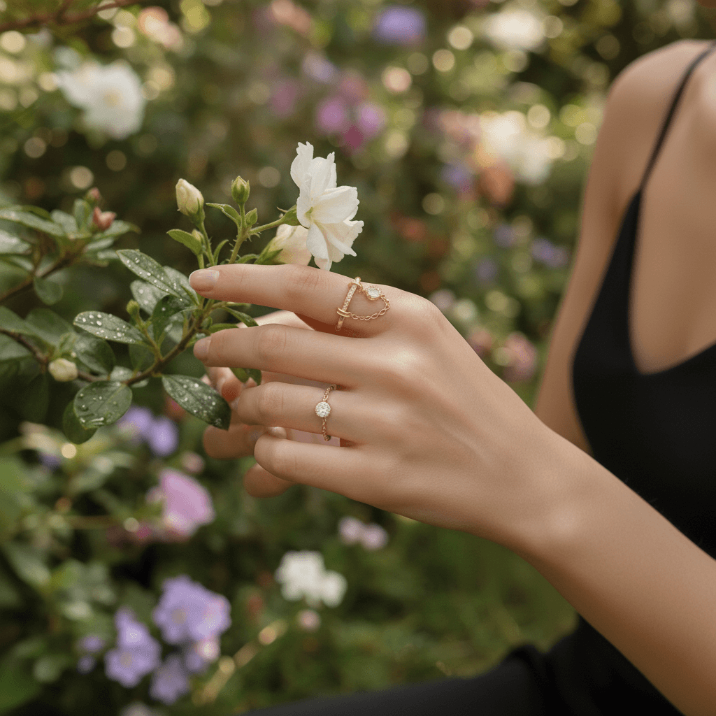 A model's hands are visible, with The Comet Ring on one hand, complemented by several thin, minimalist gold stacking rings on the other, demonstrating a chic styling option.