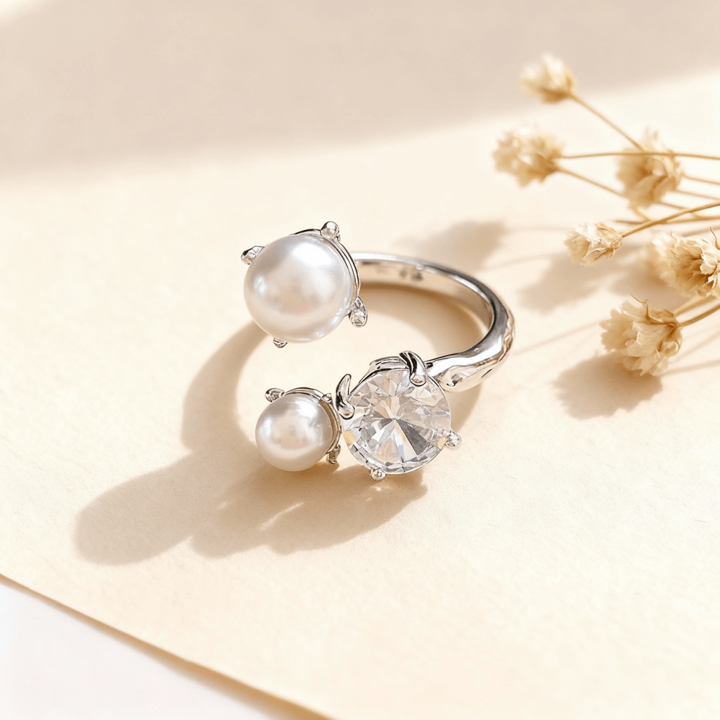 A silver version of The Celestial Ring displayed side-by-side on a neutral, textured brown surface. Each adjustable open ring features one large CZ crystal and two pearls in an asymmetrical design.