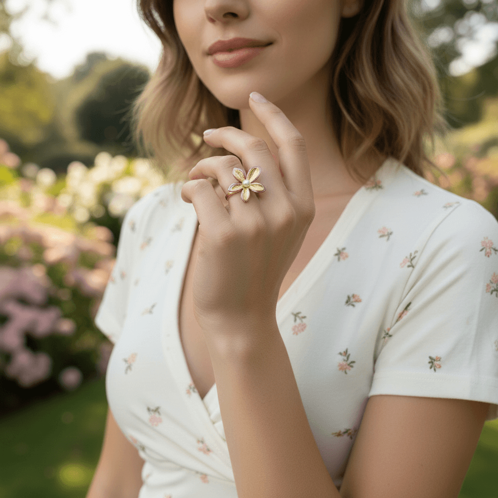 A close-up of a model's hand, adorned with the sculptural Orchid Ring, holding a fine-tipped paintbrush dipped in pink paint. This image frames the ring as a piece of wearable art, perfect for a creative spirit