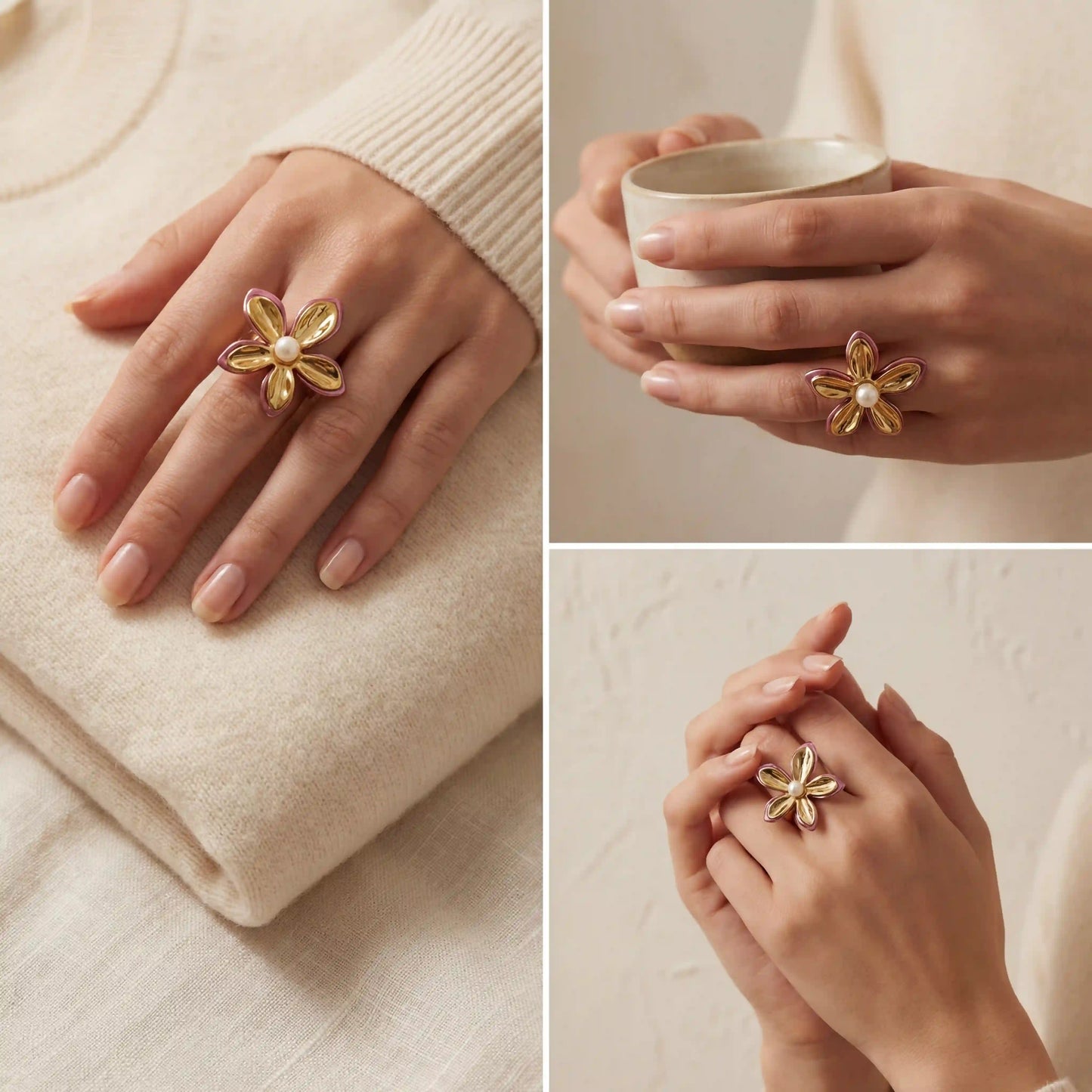 Lifestyle photography of woman wearing gold flower ring holding coffee cup cozy style.