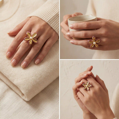 Lifestyle photography of woman wearing gold flower ring holding coffee cup cozy style.