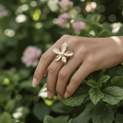 A model's hand, featuring the bold Orchid Ring, holding a classic martini or champagne glass at a chic event. The ring is presented as the perfect, eye-catching cocktail ring for special occasions.