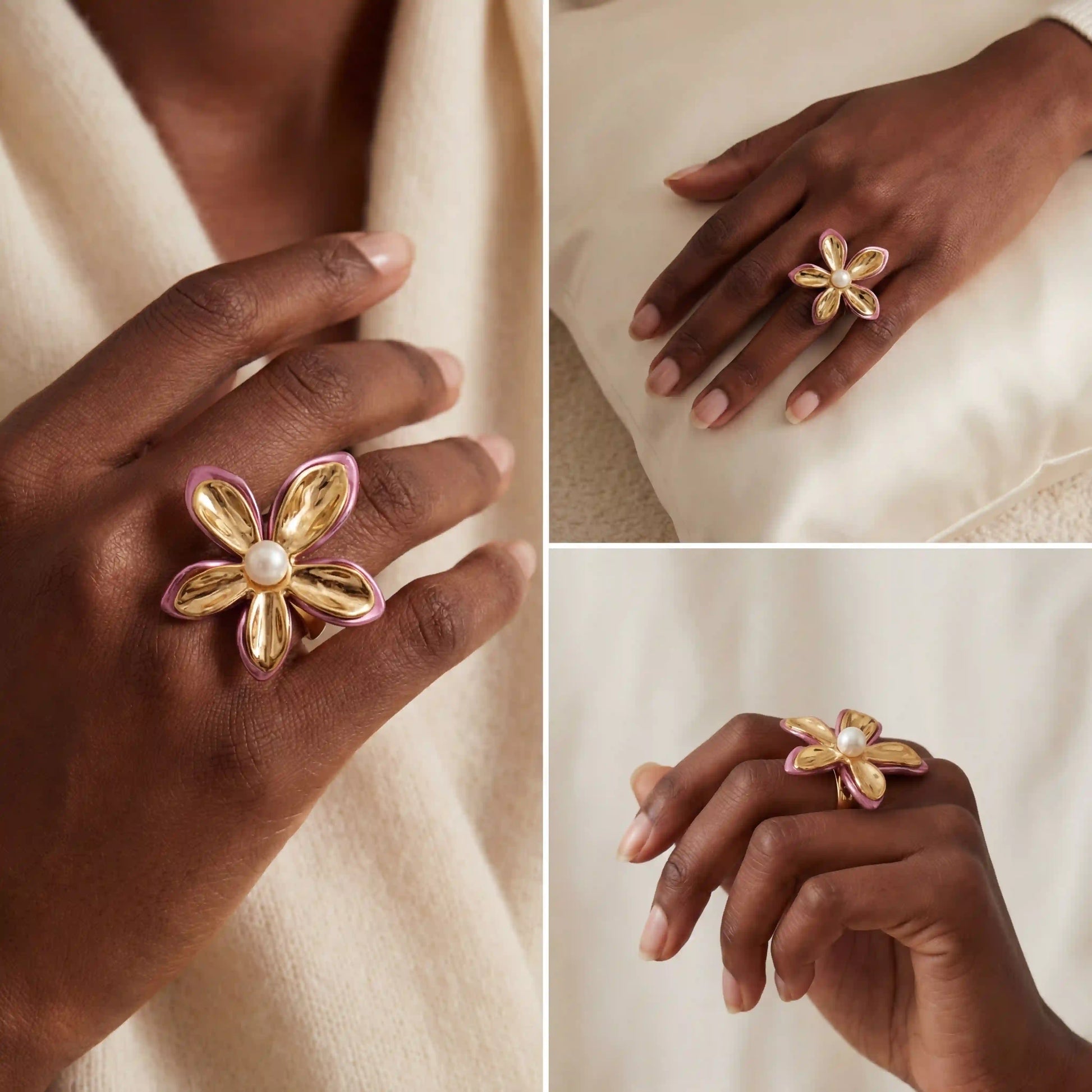 Model with dark skin styling bold floral ring tropical vacation jewelry.