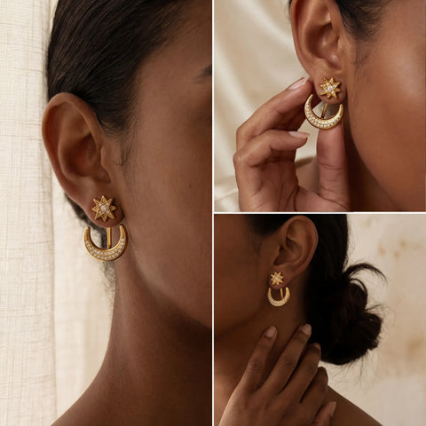 Model with dark skin wearing gold star moon earrings 2 in 1 design.