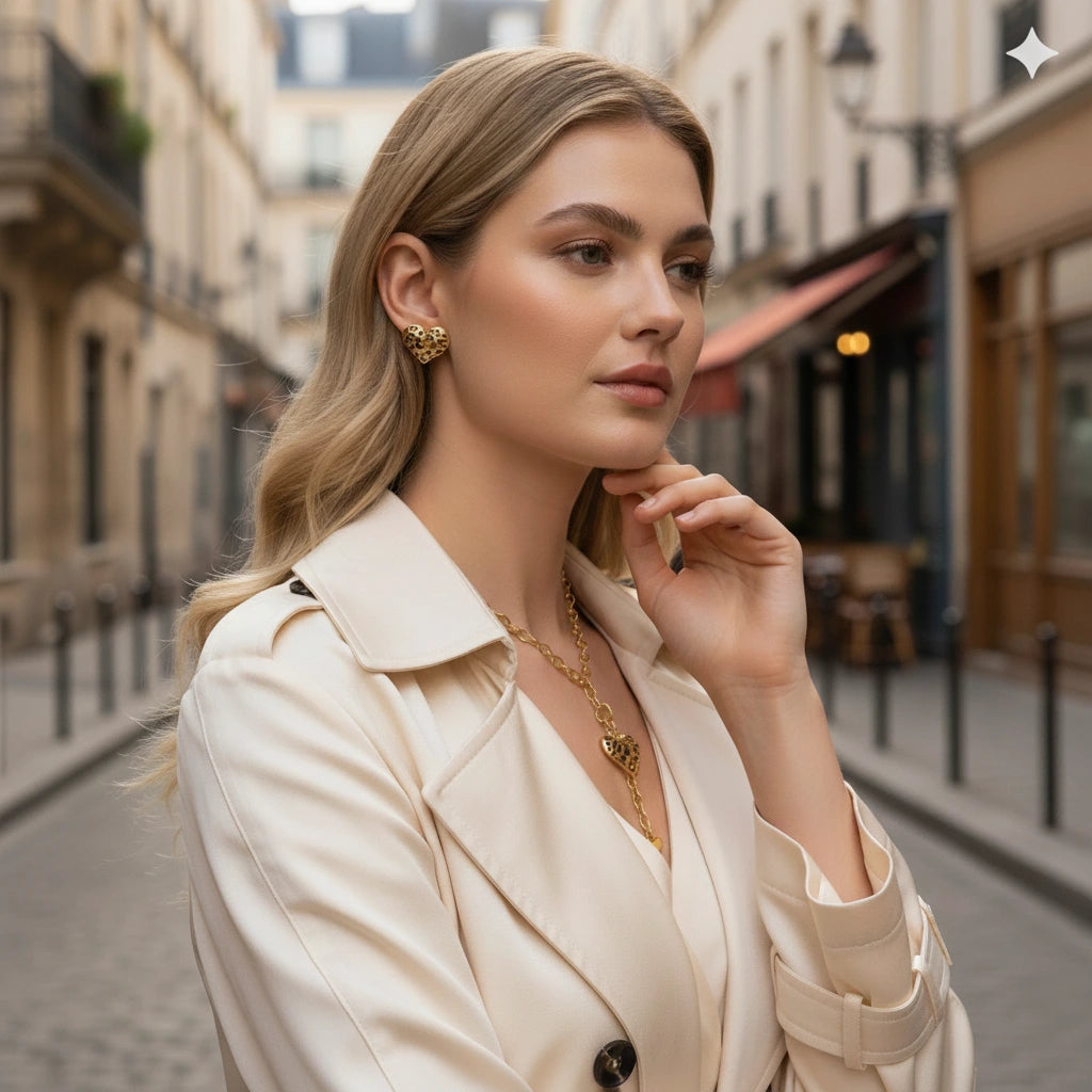 An elegant model in a classic trench coat, with The Artemis Lariat adding a touch of wild, unexpected chic to a timeless outfit.