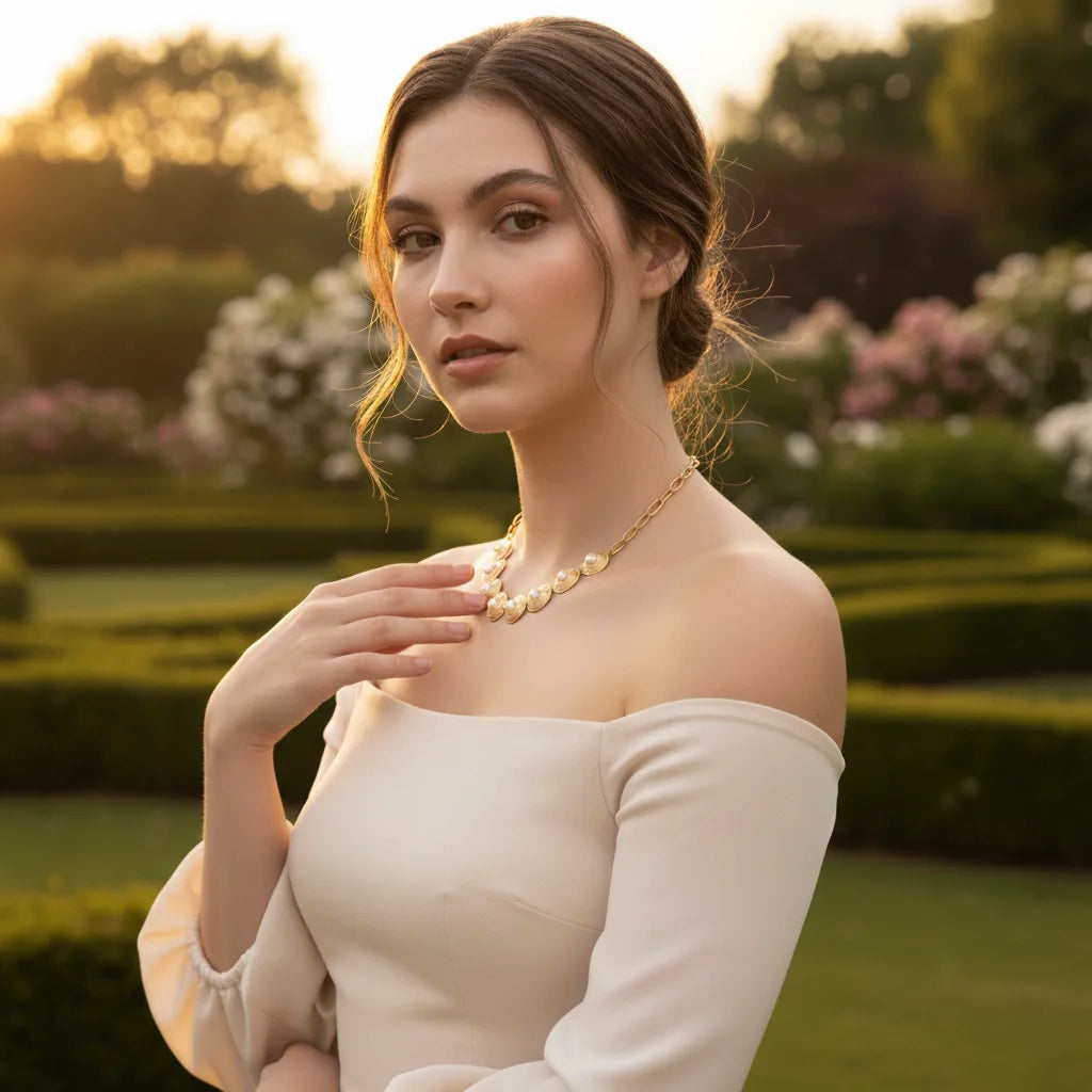 An elegant model in a garden setting, gently touching The Hera Necklace to draw attention to its exquisite pearl and medallion craftsmanship.