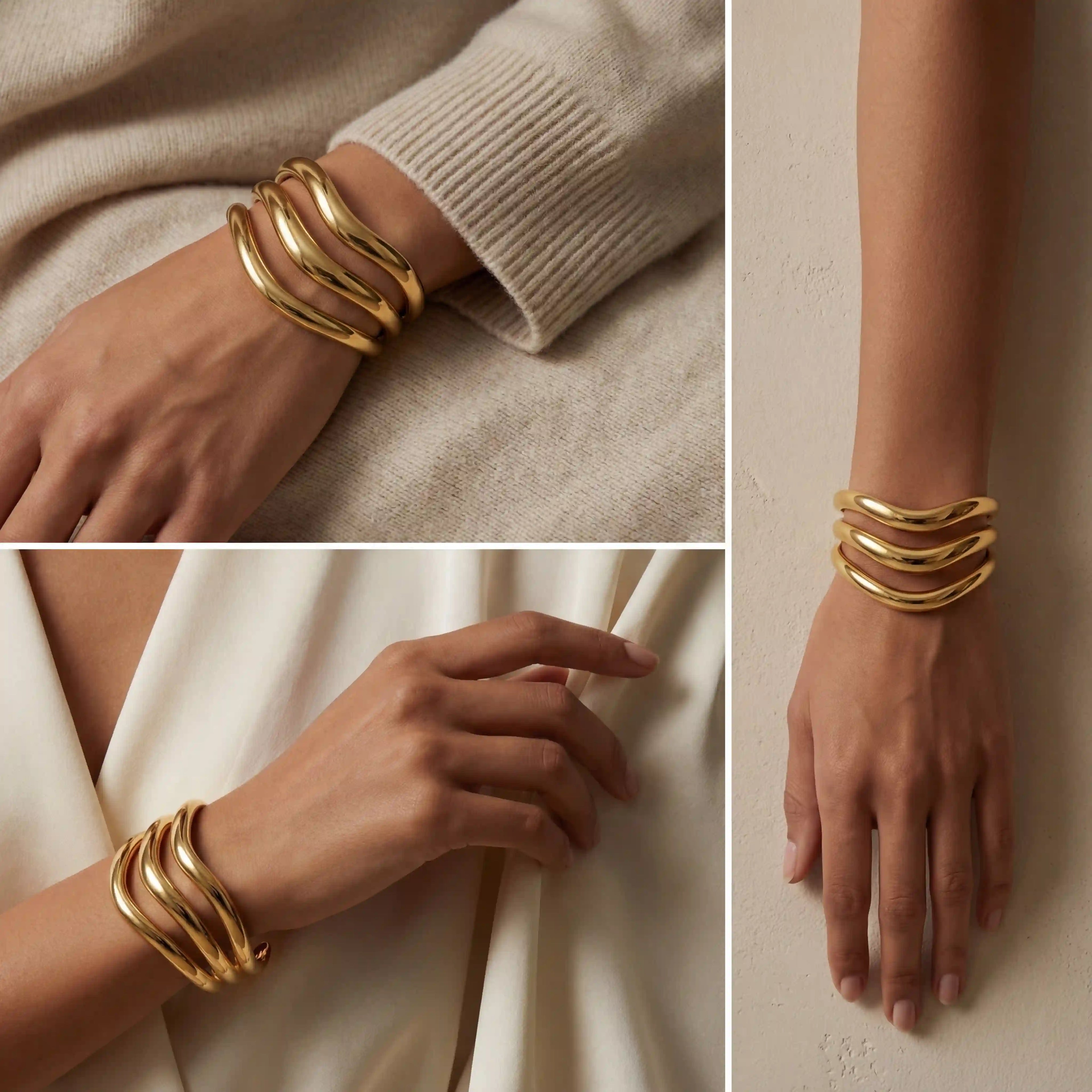 Woman wearing triple band gold cuff bracelet styled with neutral outfit.