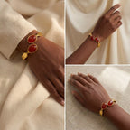 Fashion photography collage of deep red agate cuff bracelet on dark skin model.