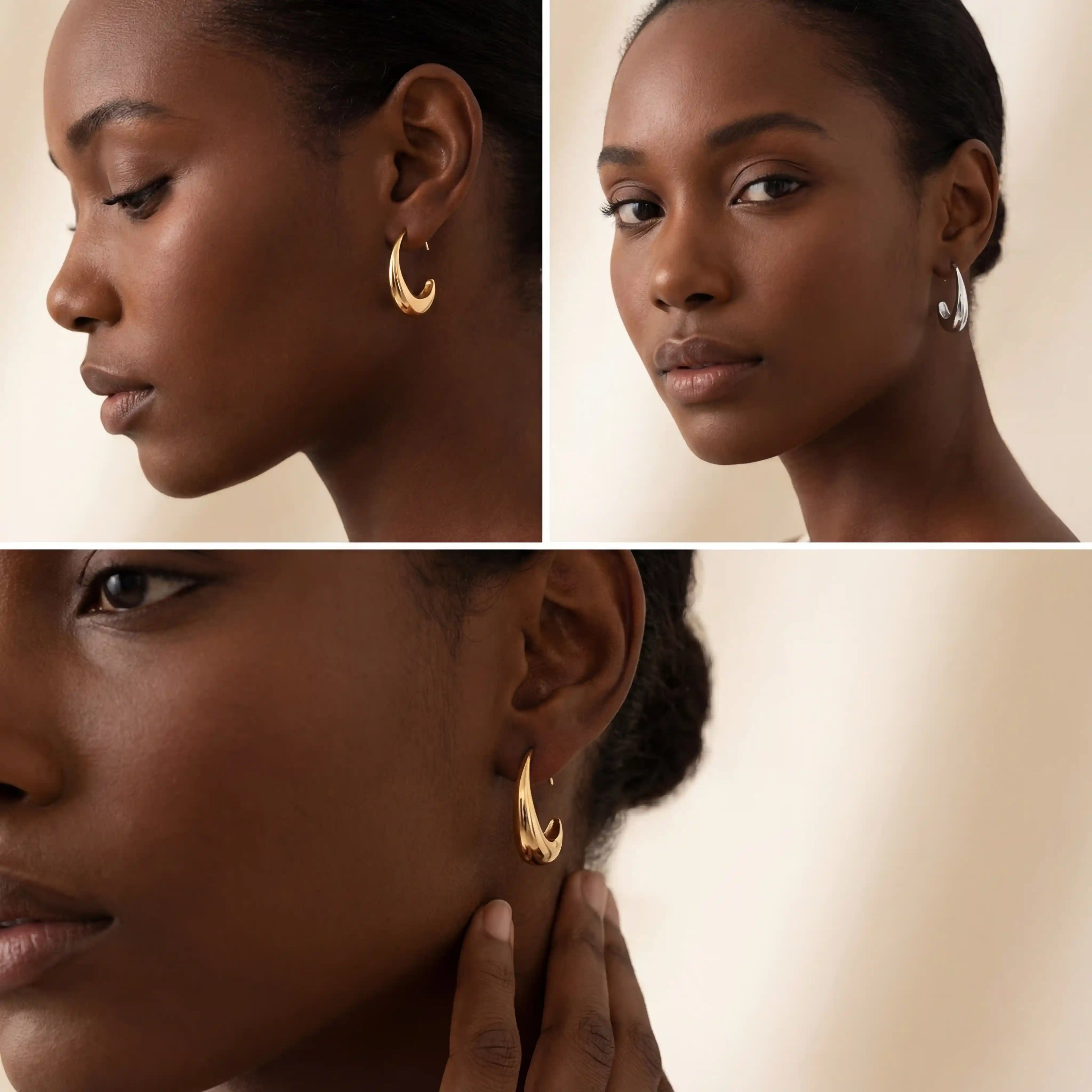 Model styling silver and gold teardrop hoops waterproof everyday jewelry for women.