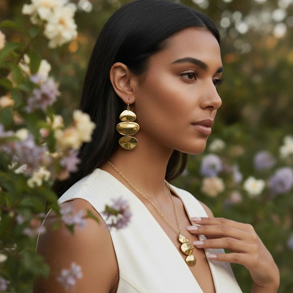 A beautiful model showcasing the full Luminova art collection, touching her neck to feature both the cascading Thalia Earrings and the matching necklace