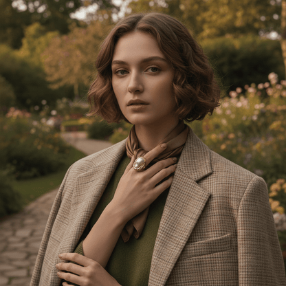 A model wearing a patterned brown top brings her hand with The Theia Ring towards her face, showing it as an elegant and eye-catching accessory.