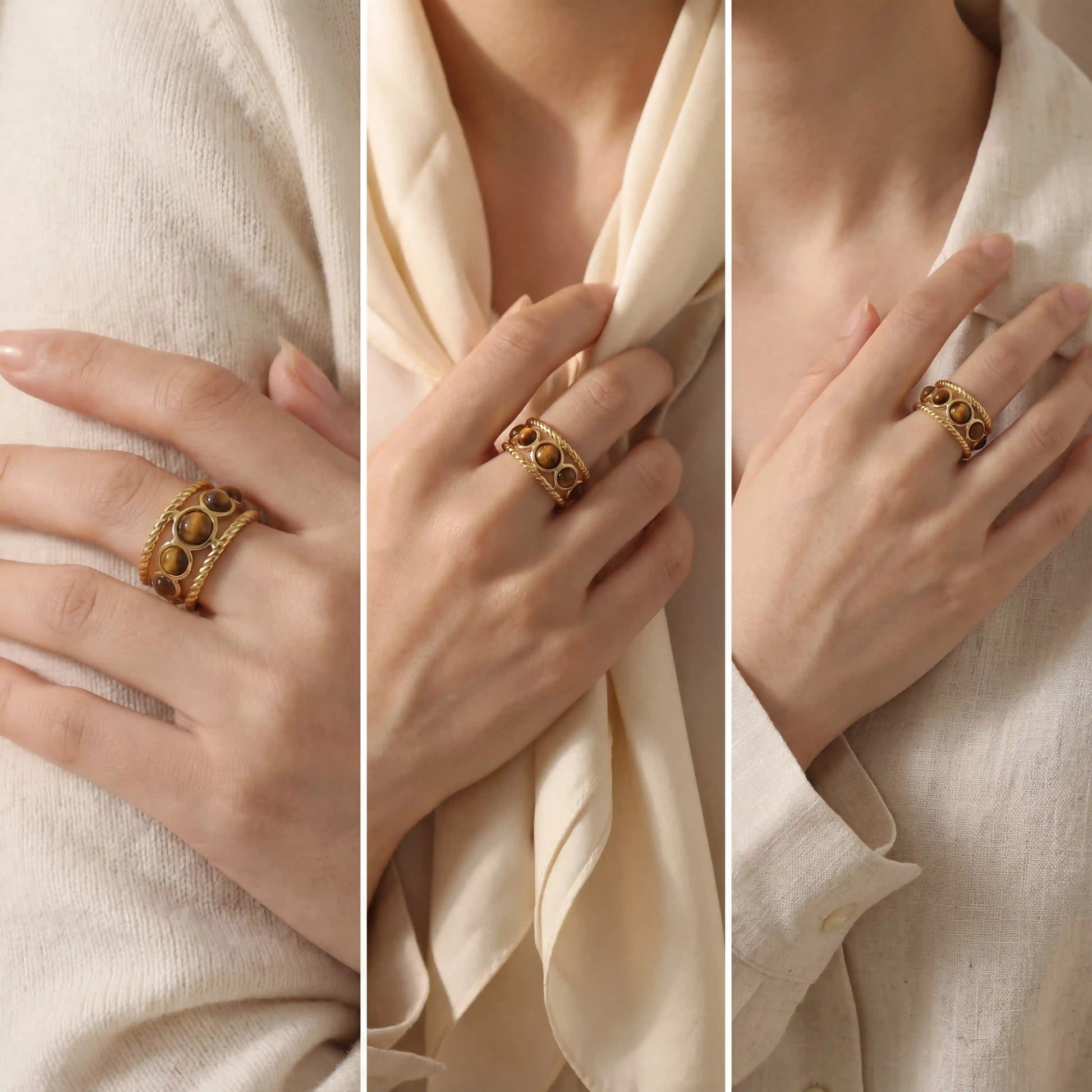 Lifestyle collage of elegant gold ring styling with natural brown stones for women.