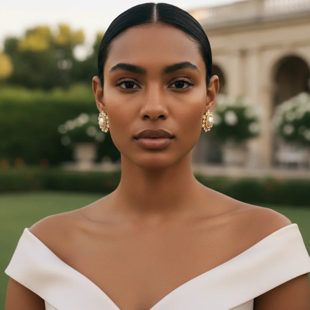 Front view of a model in an off-the-shoulder gown, where The Antoinette Earrings add a touch of timeless glamour perfect for any special occasion.
