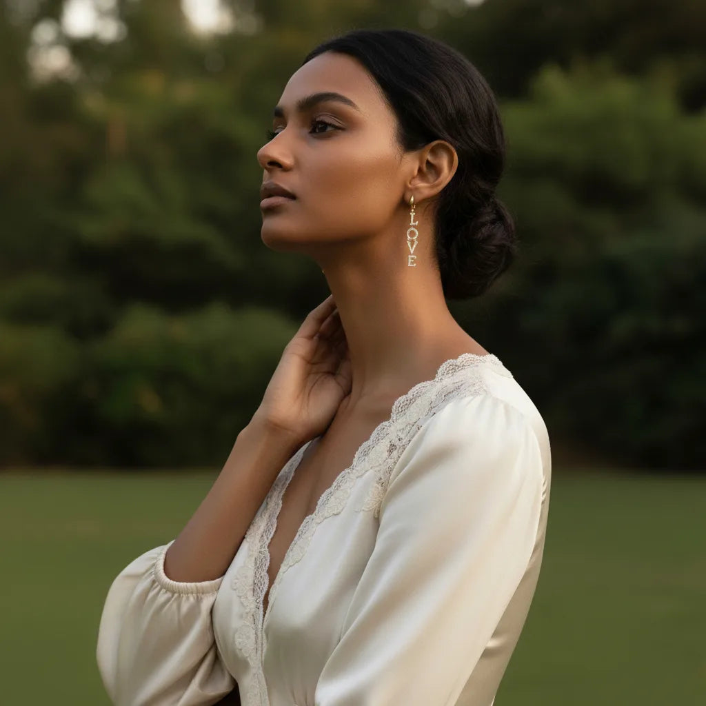 A model stands in a beautiful garden, her hair swept back to fully display the elegant drop and modern message of The Amor Earrings.