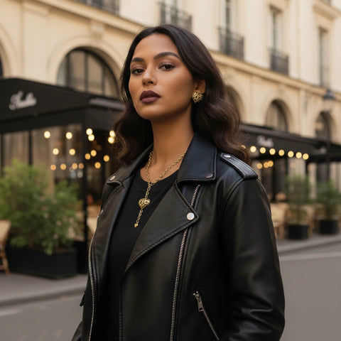 Front-facing shot of a model in a leather jacket, with The Artemis Lariat as the bold, unapologetic centerpiece of her powerful ensemble.