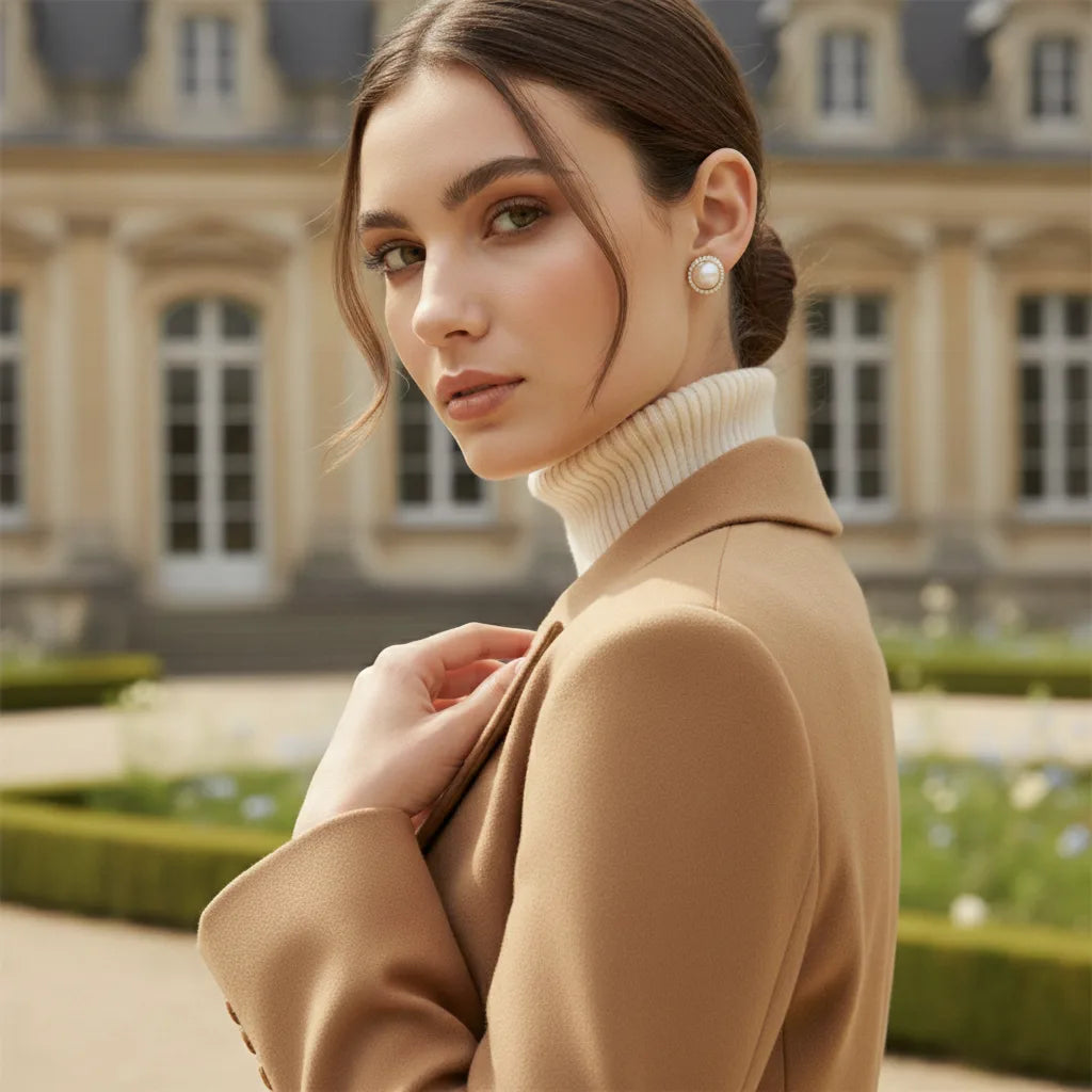 An elegant model looks over her shoulder in a classic European garden setting, with The Athena Studs adding the perfect touch of polished sophistication to her look.