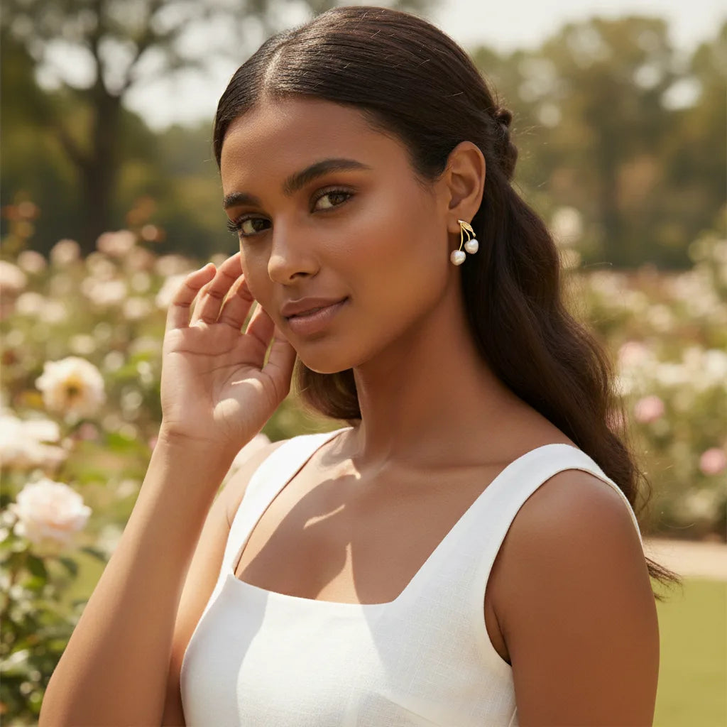 Lifestyle image of a model in a rose garden, smiling as she wears The Chérie Pearl Earrings, illustrating them as the perfect accessory for a sunny day out.