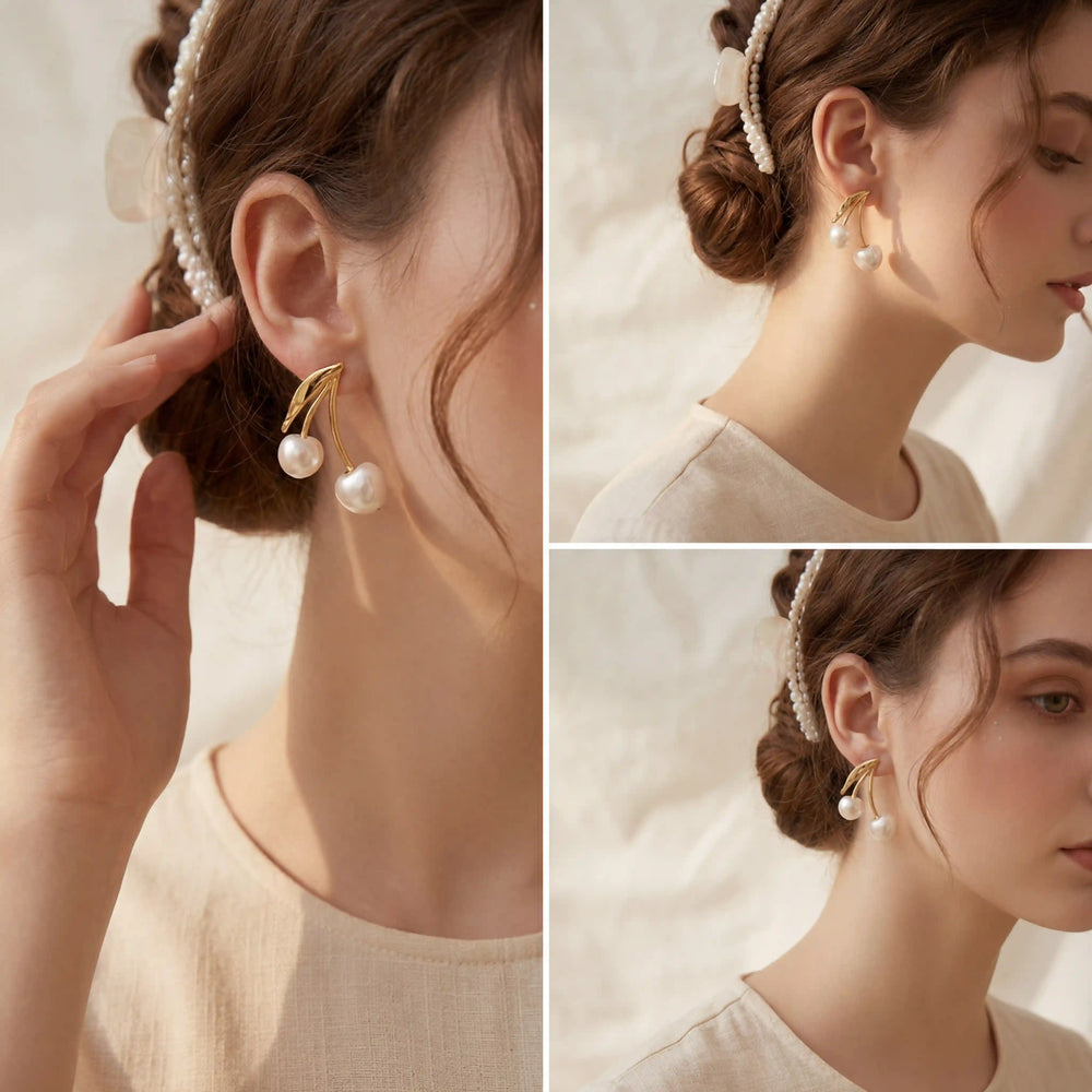 Lifestyle photography collage of woman styling cute pearl cherry earrings romantic look.