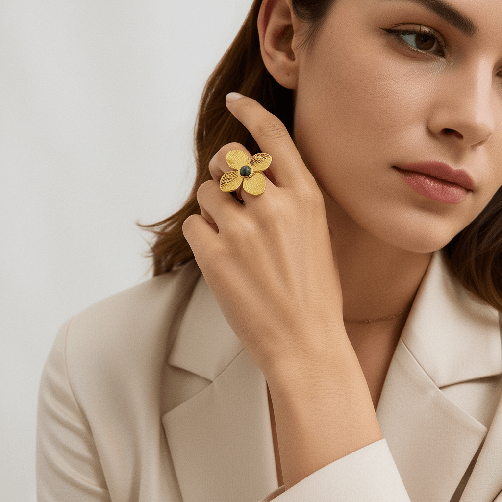 A model wearing a flowing linen dress holds a potted plant, with the Gaia Ring on her finger. The ring's earthy, natural design perfectly complements her bohemian, plant-lover aesthetic.